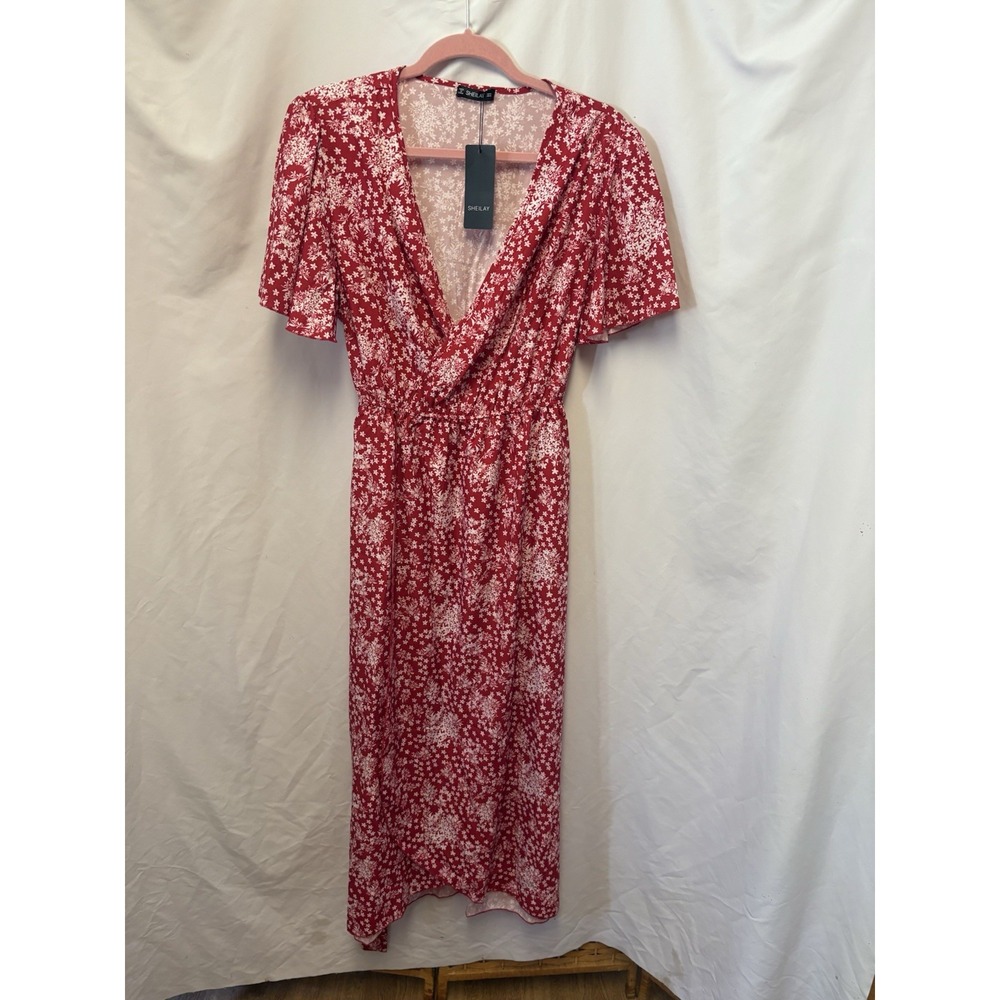 SHEILAY Red Floral Maxi Dress XL Wrap Style Waist Tie Boho Chic Festival‎ Fash